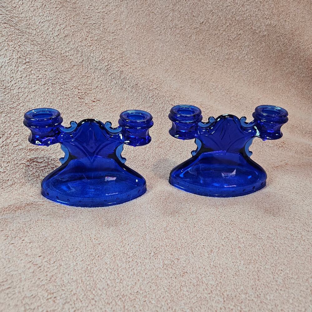 Vintage L.E. Smith Mount Pleasant Cobalt Blue Double Candlestick Holders Pair